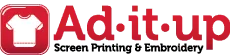 Ad It Up red logo with shirt icon and text Screen Printing & Embroidery in Albuquerque