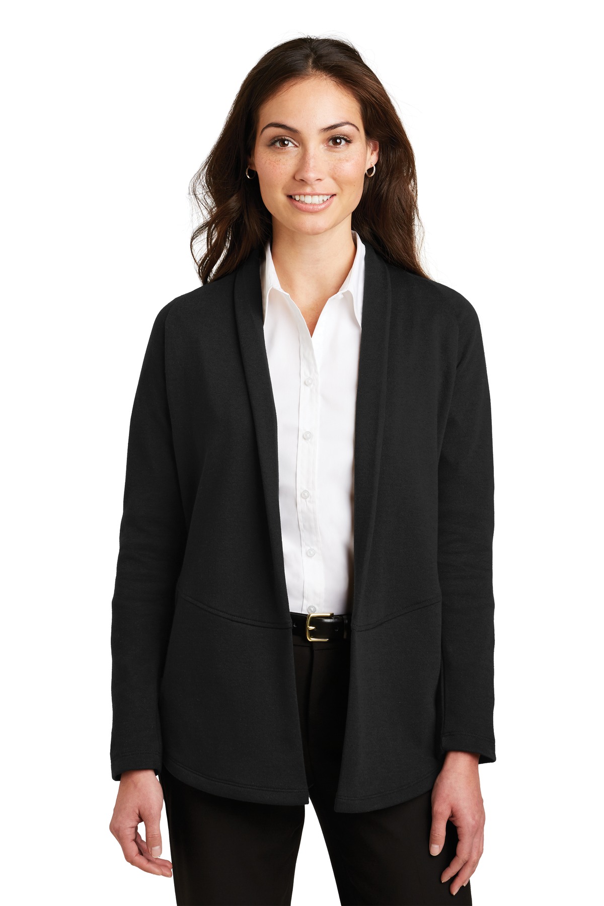 Port Authority L807 - Black - M Black women’s business cardigan blazer over white blouse of Ad It Up in Albuquerque