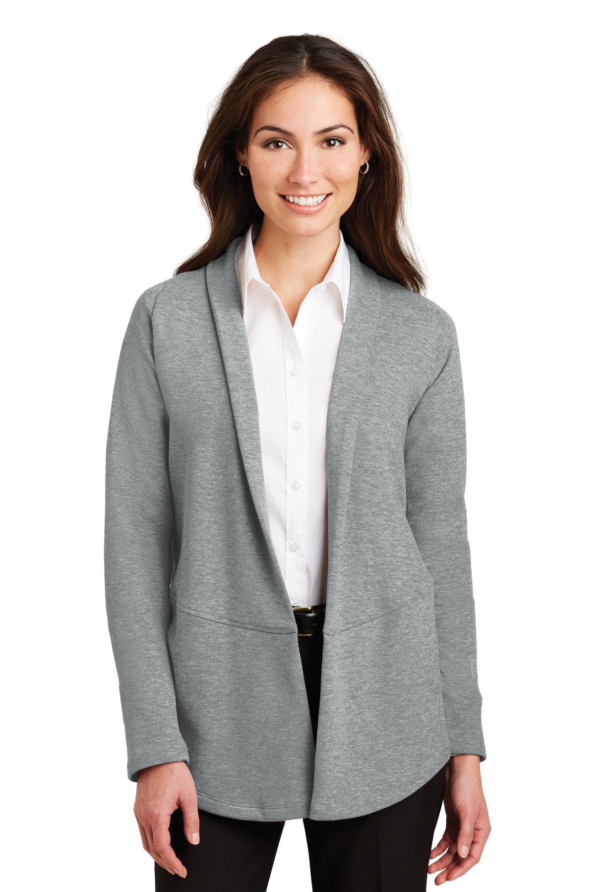Port Authority L807 - Medium Heather Grey/ Charcoal Heather - 3XL Heather gray women’s business cardigan blazer over white blouse of Ad It Up in Albuquerque