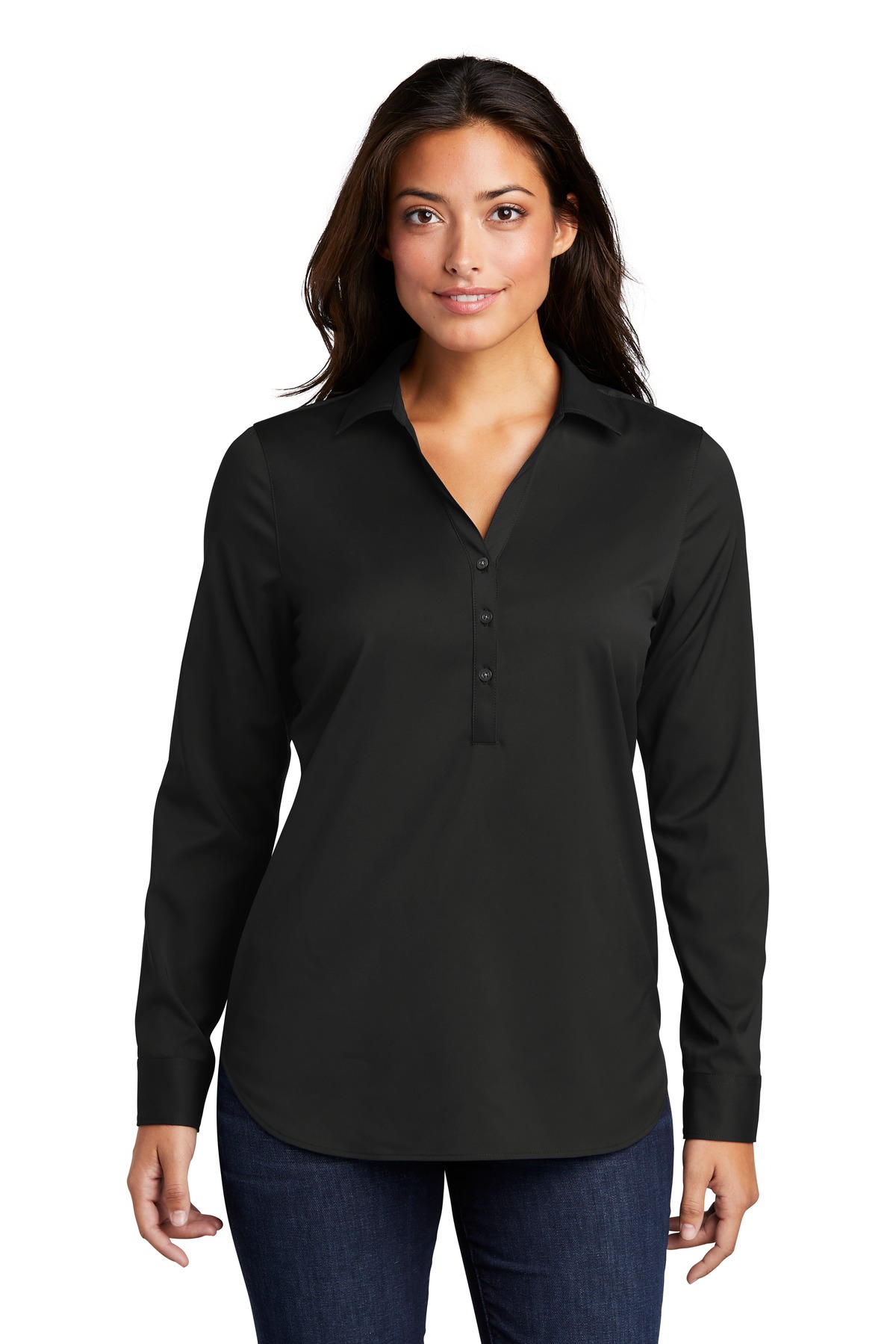 Port Authority LW680 - Black - M Black women’s long sleeve button polo shirt classic fit of Ad It Up in Albuquerque