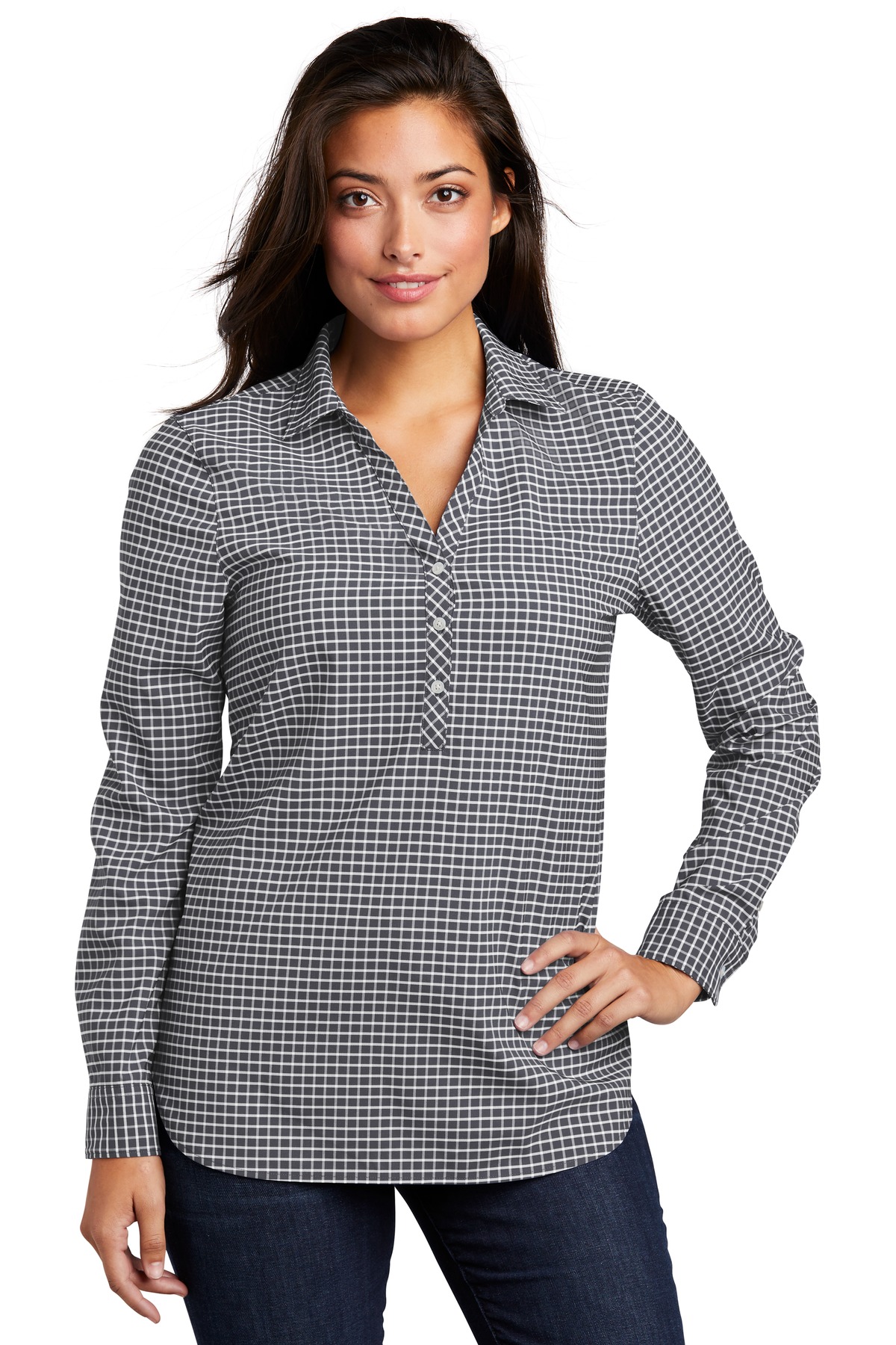 Port Authority LW680 - Graphite/White - 2XL Black and white checkered women’s button-down shirt long sleeve of Ad It Up in Albuquerque